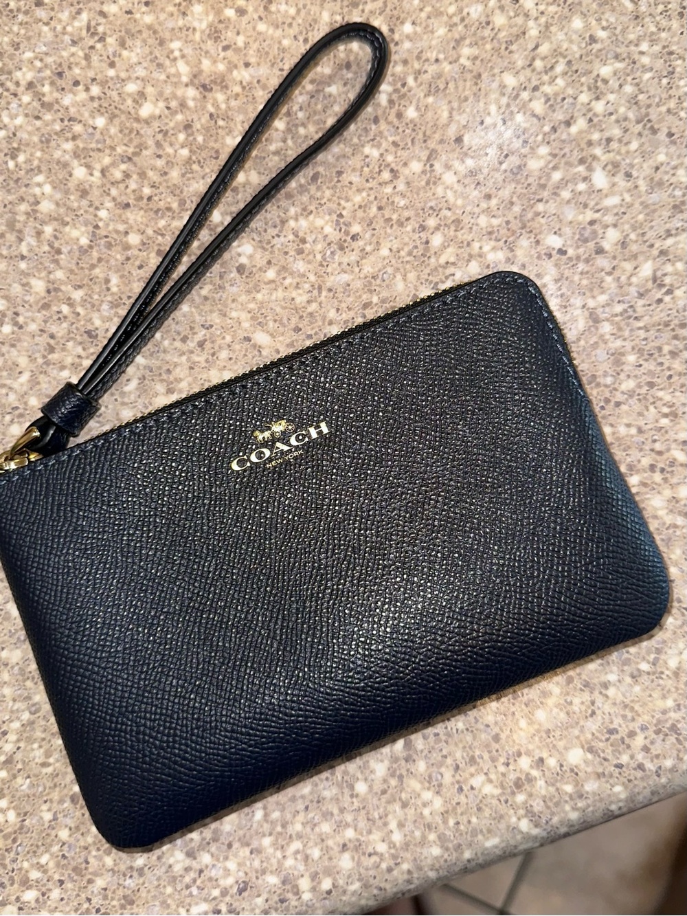 Coach Black Leather Wristlet Card Case with Gold Logo
